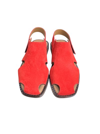 Kırmızı Hakiki Deri Süet Comfort Taban Cırt Bantlı Sandalet