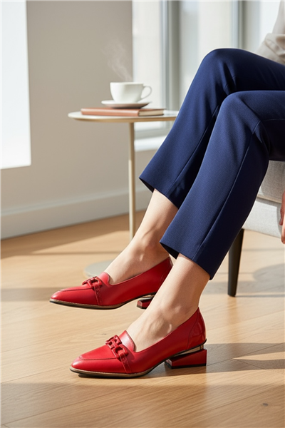 Kırmızı Hakiki Deri Toka Detay Ayakkabı