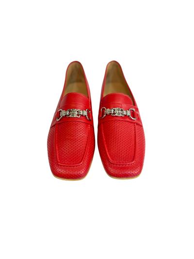 Kırmızı Hakiki Deri Toka Detay Zımbalı Loafer