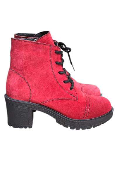 Kırmızı Hakiki Süet  Bağcık Detay  Yandan Fermuarlı Kalın Topuk Bot