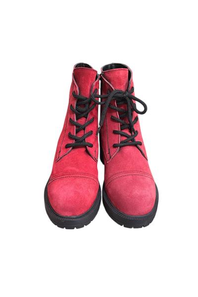 Kırmızı Hakiki Süet  Bağcık Detay  Yandan Fermuarlı Kalın Topuk Bot
