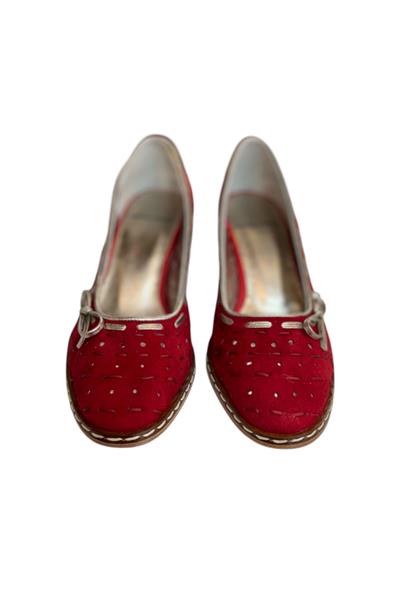 Kırmızı Hakiki Süet Deri Fiyonk Detay Topuklu Ayakkabı