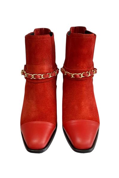 Kırmızı Hakiki Süet Deri Zincir Detay Bot