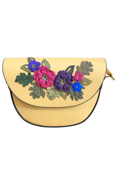 Krem Hakiki Deri Çiçek Motifli El Yapımı  Çapraz Çanta
