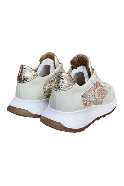 Krem Hakiki Deri  Hasır Desenli Comfort Taban Bağcıklı Sneaker