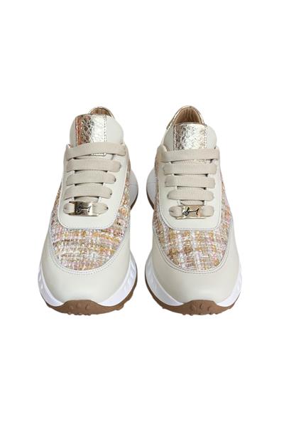 Krem Hakiki Deri  Hasır Desenli Comfort Taban Bağcıklı Sneaker