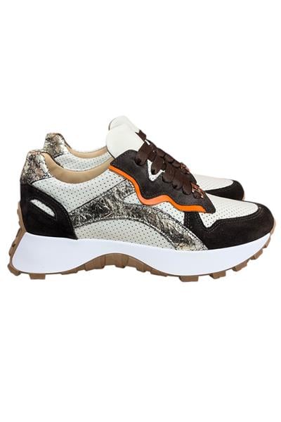 Krem Hakiki Deri Kahve Garnili Comfort Taban Bağcıklı Sneaker