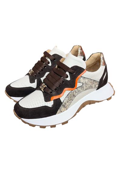 Krem Hakiki Deri Kahve Garnili Comfort Taban Bağcıklı Sneaker