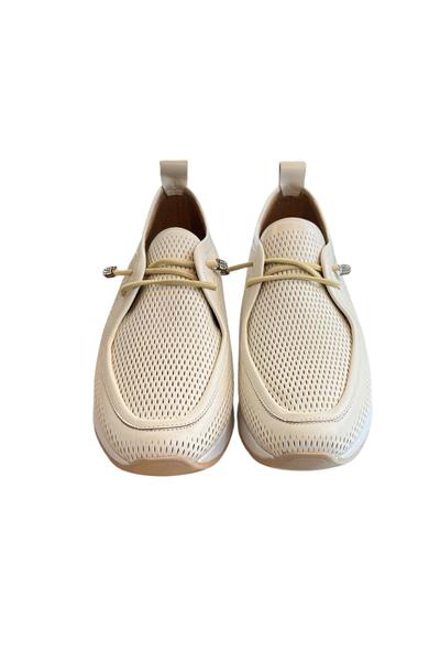 Krem Hakiki Deri Lastik Bağlı Comfort Taban Günlük Ayakkabı