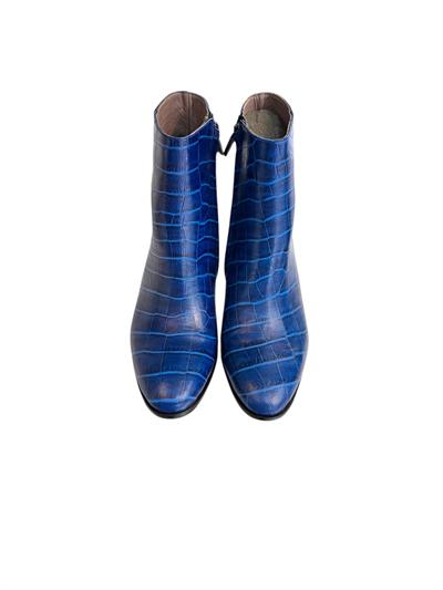 Lacivert Hakiki Deri Krokodil Topuklu Bot 