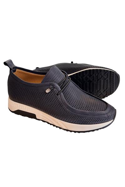 Lacivert Hakiki Deri Lastik Bağlı Comfort Taban Günlük Ayakkabı