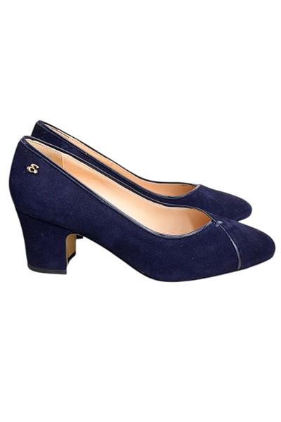 Lacivert  Hakiki Deri Süet Biye Detay Topuklu Ayakkabı