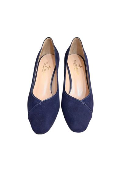 Lacivert  Hakiki Deri Süet Biye Detay Topuklu Ayakkabı