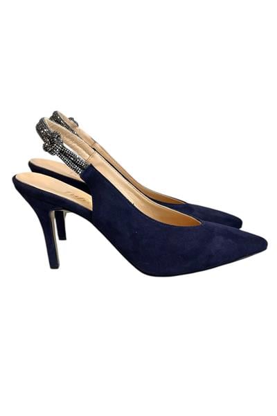 Lacivert Hakiki Deri Süet Kristal Taş Bantlı Arkası Açık Topuklu Ayakkabı