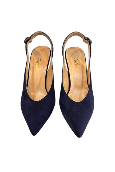 Lacivert Hakiki Deri Süet Kristal Taş Bantlı Arkası Açık Topuklu Ayakkabı