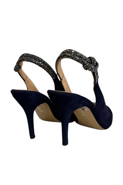 Lacivert Hakiki Deri Süet Kristal Taş Bantlı Arkası Açık Topuklu Ayakkabı