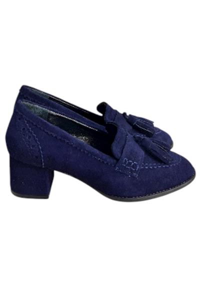 Lacivert Hakiki Deri Süet Püskül Detay Topuklu Ayakkabı