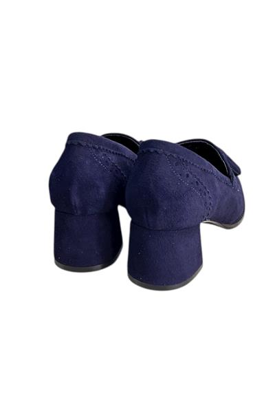 Lacivert Hakiki Deri Süet Püskül Detay Topuklu Ayakkabı