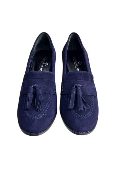 Lacivert Hakiki Deri Süet Püskül Detay Topuklu Ayakkabı