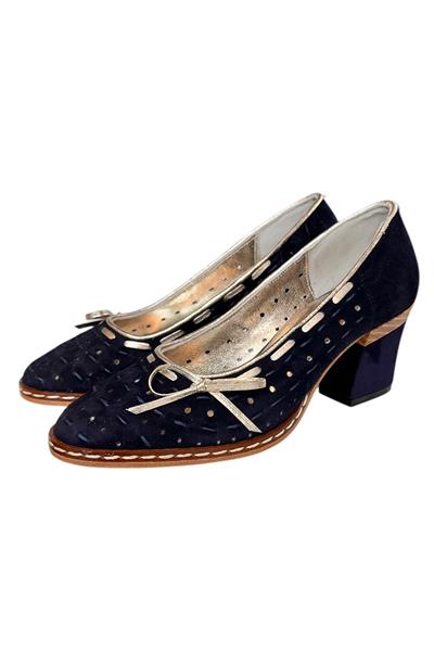 Lacivert Hakiki Süet Deri Fiyonk Detay Topuklu Ayakkabı