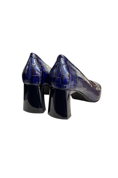 Lacivert  Krokodil Hakiki Deri Topuklu Ayakkabı