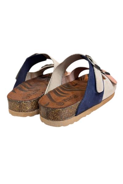 Lacivert Multi Hakiki Deri Nubuk Çift Bant Tokalı Mantar Taban Terlik