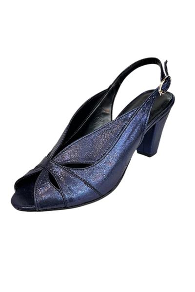 Lacivert Vegan Deri Arkası Açık Topuklu Ayakkabı