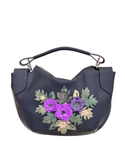 Mat Siyah Hakiki Deri Çiçek Motifli El Yapımı Omuz ve El Çantası
