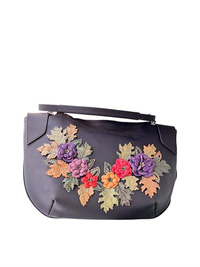 Mat Siyah Hakiki Deri Çiçek Motifli El Yapımı Omuz ve El Çantası