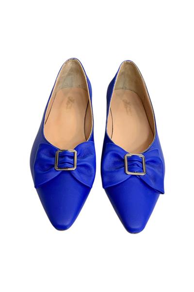 Mavi Hakiki Deri Fiyonk Tokalı Babet Ayakkabı