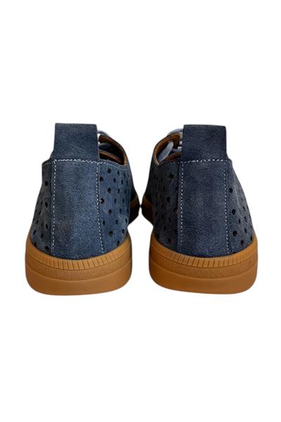 Mavi Hakiki Deri Süet Delikli Comfort Taban Bağcıklı Ayakkabı