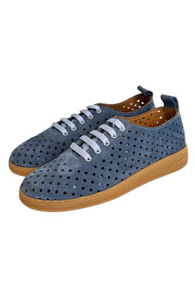 Mavi Hakiki Deri Süet Delikli Comfort Taban Bağcıklı Ayakkabı
