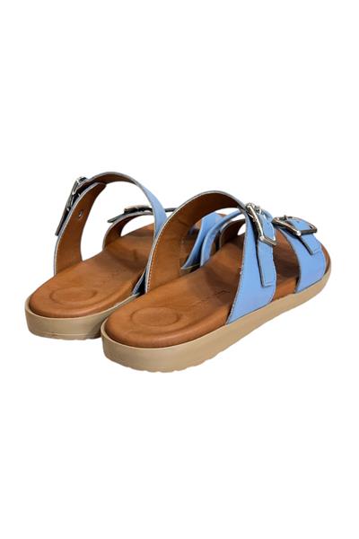 Mavi Hakiki Deri Topuk ve Taban Destekli Parmak Arası Terlik