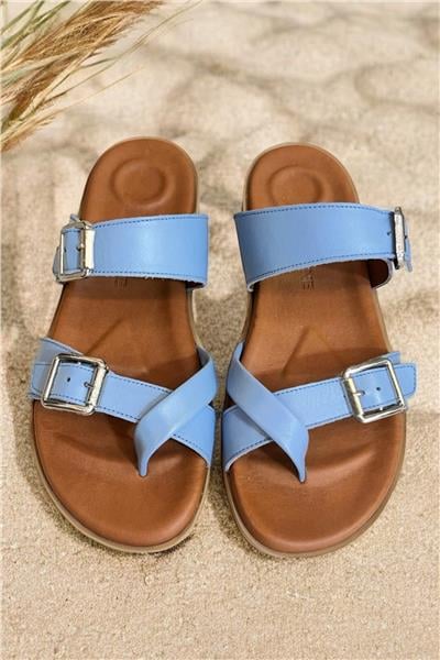 Mavi Hakiki Deri Topuk ve Taban Destekli Parmak Arası Terlik