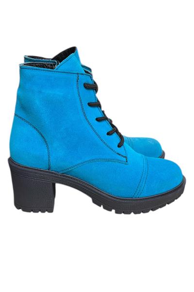 Mavi Hakiki Süet  Bağcık Detay  Yandan Fermuarlı Kalın Topuk Bot