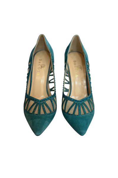 Mavi Hakiki Süet Deri Taş Detaylı Topuklu Ayakkabı