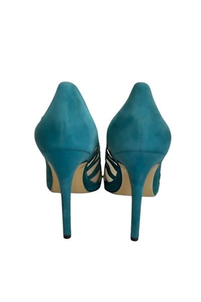 Mavi Hakiki Süet Deri Taş Detaylı Topuklu Ayakkabı