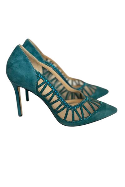 Mavi Hakiki Süet Deri Taş Detaylı Topuklu Ayakkabı