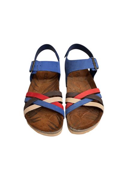 Mavi Multi Hakiki Deri Çapraz Bant Bilekten Bağlı Mantar Sandalet