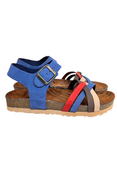 Mavi Multi Hakiki Deri Çapraz Bant Bilekten Bağlı Mantar Sandalet
