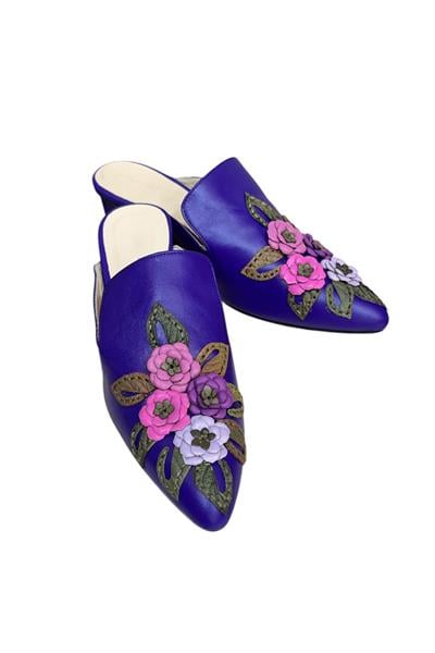 Mor  Hakiki  Deri Çiçek Motifli El Yapımı Terlik 