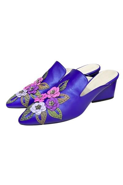 Mor  Hakiki  Deri Çiçek Motifli El Yapımı Terlik 