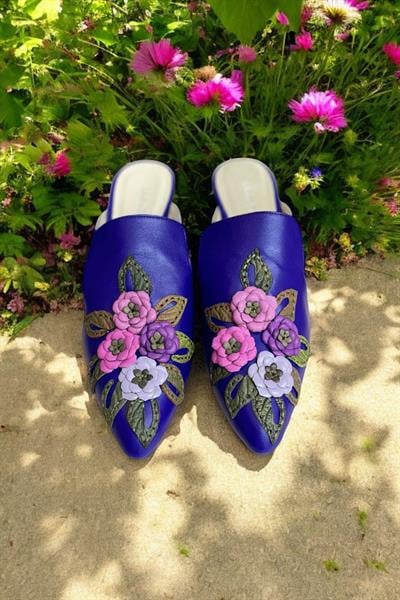 Mor  Hakiki  Deri Çiçek Motifli El Yapımı Terlik 