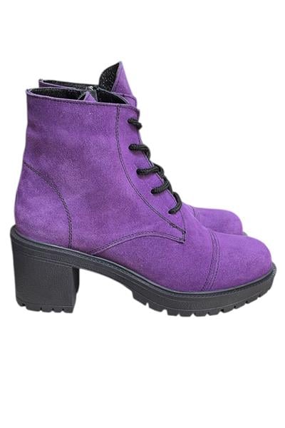Mor Hakiki Süet  Bağcık Detay  Yandan Fermuarlı Kalın Topuk Bot