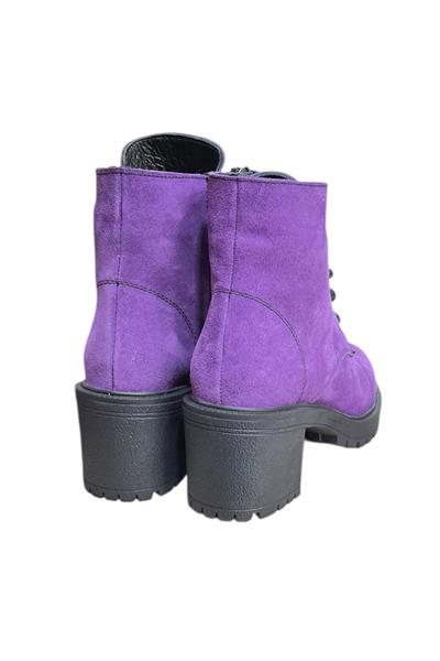 Mor Hakiki Süet  Bağcık Detay  Yandan Fermuarlı Kalın Topuk Bot