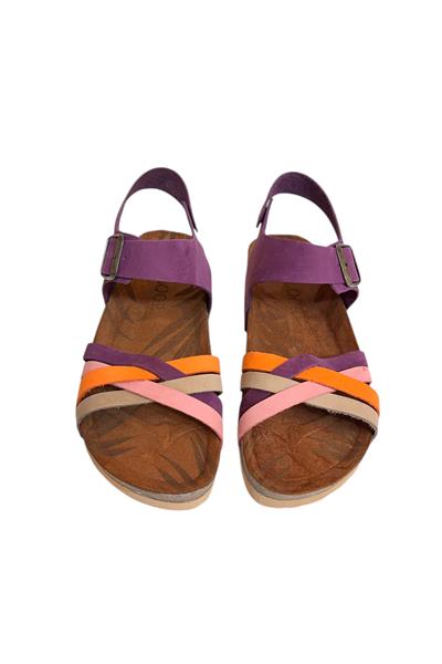Mor Multi Hakiki Deri Çapraz Bant Bilekten Bağlı Mantar Sandalet
