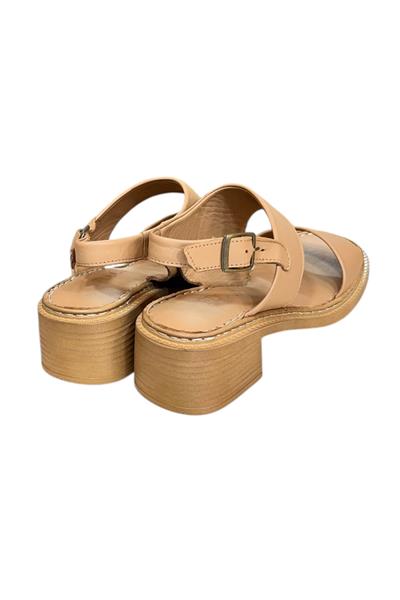 Nude Hakiki Deri Kalın Bant Yumuşak Taban Topuklu Sandalet