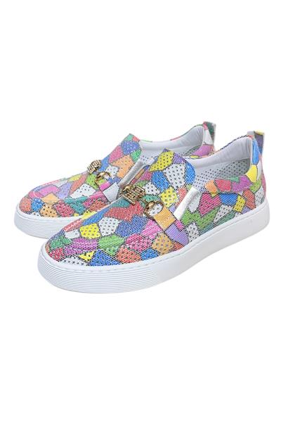 Renkli Hakiki Deri Taşlı Toka Detaylı Ultra Hafif Sneaker