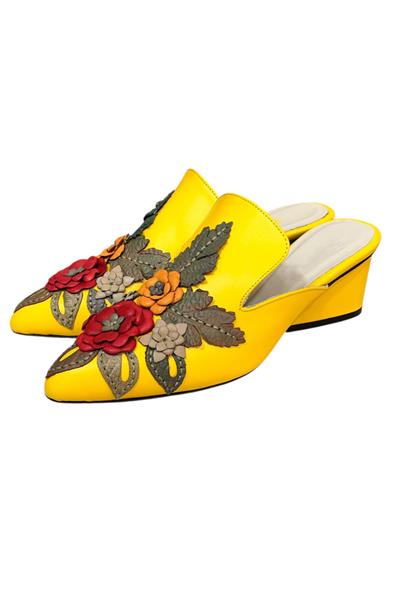 Sarı  Hakiki Deri Çiçek Motifli El Yapımı Terlik