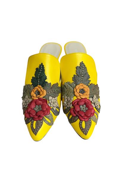 Sarı  Hakiki Deri Çiçek Motifli El Yapımı Terlik